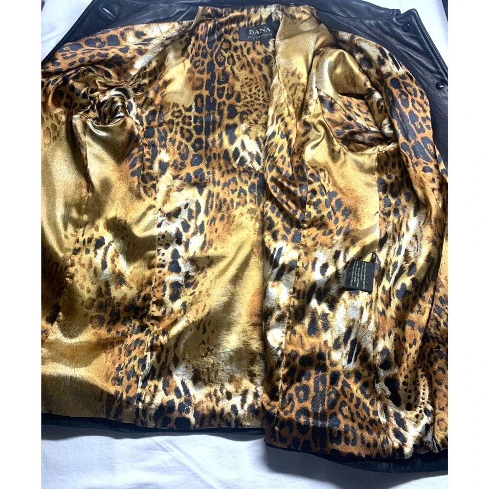 Vintage Dana Buchman Black Leather Car Coat Jacket Leopard Print Lining Size XL - Picture 7 of 9